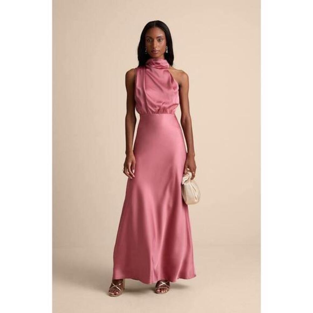NEW Lulus Distinctive Charm Rose Pink Satin Asymmetrical Maxi Dress - Size L